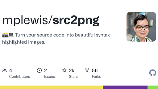 GitHub - mplewis/src2png: 📸💻 Turn your source code into beautiful syntax-highlighted images.